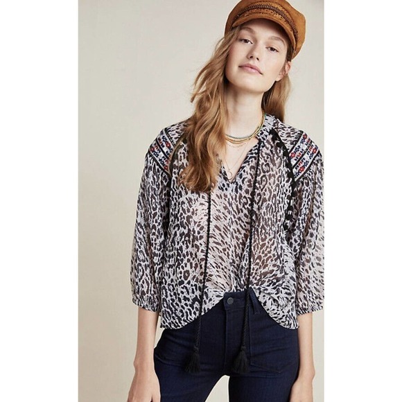Anthropologie Rina Dhaka Jalisco Peasant Top Size Small S Animal Print Tassels - Picture 1 of 6